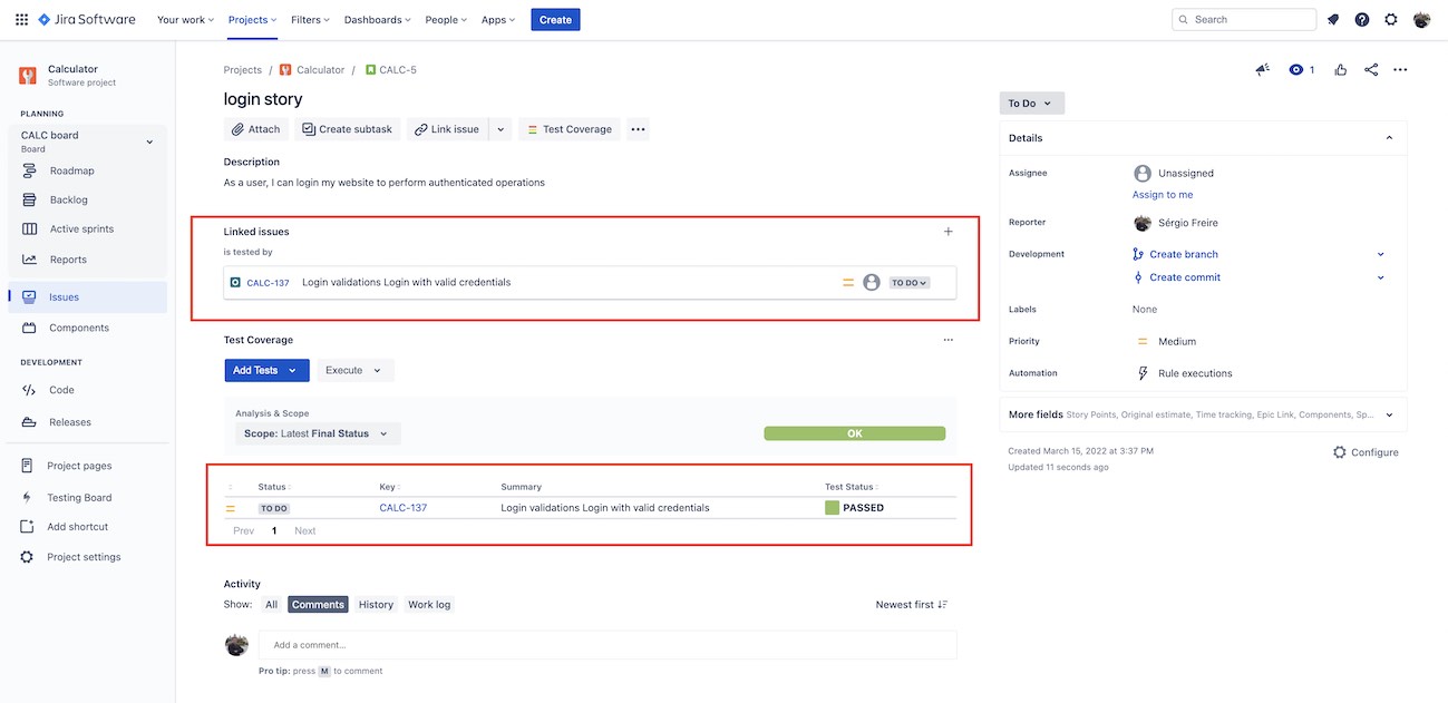 Screenshot of Jira with Xray showing the test linked to an existing story