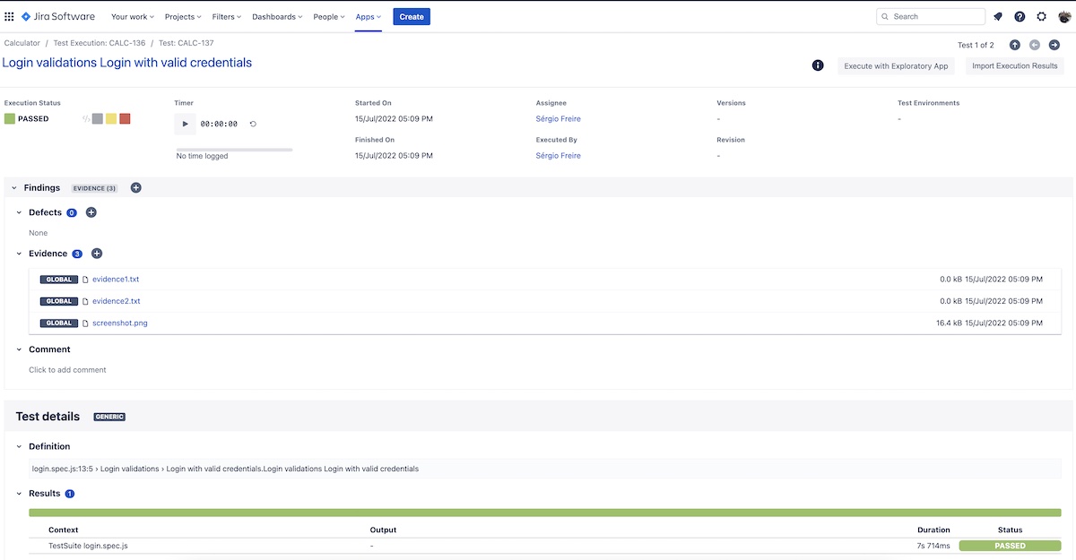 Screenshot of Jira with Xray showing the attached fikes on the test run