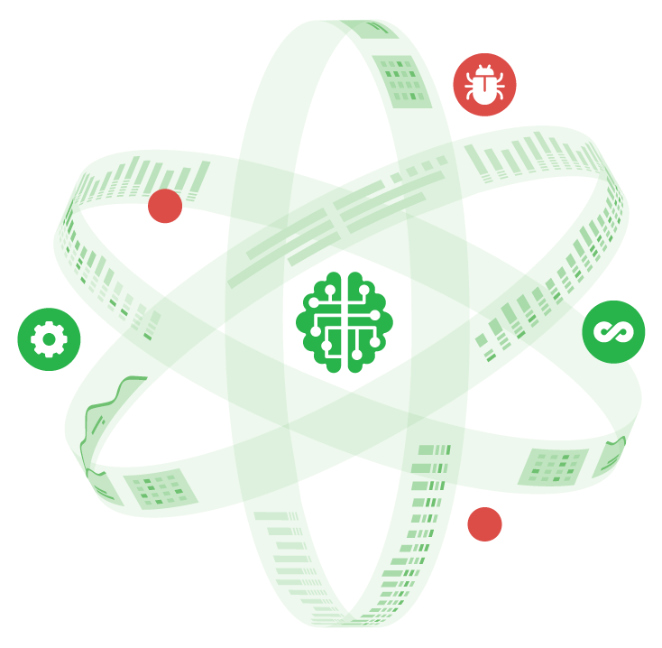 Atom Symbol representing Omni Testing with a brain icon, bug icon, other testing tools